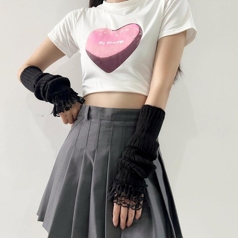 DUNKOING Cute Y2K Arm Warmers Kawaii Knitted Wrist Warmers Long Japanese Harajuku Goth Fingerless Sleeve for Women Girls - Image 2